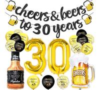 30th Birthday Decorations, Birthday Decor for Men Women, Happy 30 Balloon with Cheer Banner, Number 30 Foil Balloon, 30th Sign Black Gold Balloons and Cups Foil Balloons