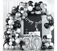 30th Birthday Decorations Black Silver Balloons Arch Kit with Number 30 Foil Confetti Balloon Happy Birthday Bunting Banner Black and Silver Party Decor for 30 Years Old Man Women Wedding Anniversary