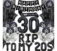 30th Birthday Decorations Black Silver - Happy Birthday Banner Rip to My 20s Decor with Sash Balloons, Star Number 30 Foil Balloons Fringe Curtains Gothic Death to My Twenties Party for Women Men