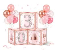 30th Birthday Decorations Boxes for Women, 3PCS Happy 30th Birthday Balloons Boxes, Pink Rose Gold Theme Cardboard Box Supplies, Thirty Bday Theme Cardboard Box Table Decorations, Cube Boxes Party