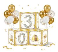 30th Birthday Decorations Boxes for Women, 3PCS Happy 30th Birthday Balloons Boxes, White Gold Theme Cardboard Box Supplies, Thirty Bday Theme Cardboard Box Table Decorations, Cube Boxes Party