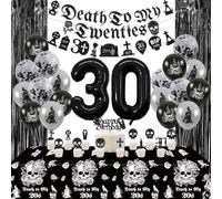 30th Birthday Decorations - Death To My 20s Decorations Including Banners, Skull Tablecloth, Number 30 Balloon, Black Fringe Curtain, and Cake Cupcake Toppers for Halloween Birthday Party Decorations