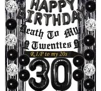 30th Birthday Decorations for Him Her Black Death to My Twenties Banner, Rip to My 20s Sash, Number 30 Balloon, Happy Birthday Balloon Banner, Foil Curtain for Funny Thirtieth Party Supplies