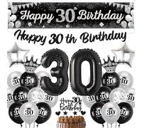 30th Birthday Decorations for Him Men - Black Silver Happy 30th Birthday Yard Banner, Star Heart Crown Number Foil Balloons Confetti Balloon Cake Topper for Her 30 Years Old Party Supplies