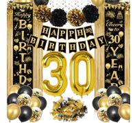 30th Birthday Decorations for Men and Women, Black Gold 30th Birthday Balloons, Number Foil 30 Balloon, 30th Happy Birthday Banners, Happy Birthday Garland Balloons Black Gold Decor for Women Men