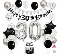 30th Birthday Decorations for Men and Women - Black Silver White Party Set with Number 30 Foil Balloons, Happy Birthday Banner, Confetti Balloons and Cake Topper for 30 Year Old Celebration