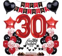 30th Birthday Decorations for Men and Women - Red and Black Party Set With Cake Topper, Happy Birthday Banner, and Number 30