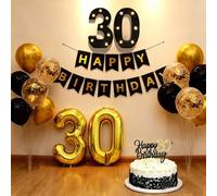 30th Birthday Decorations for Men, Black Gold Balloons Party Decoration with LED Light Up Marquee Numbers Sign, 32inch Number 30 Balloons, Happy Birthday Banner, Cake Topper for 30th Party Decor