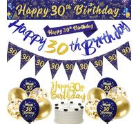 30th Birthday Decorations for Men, Navy Blue Gold, Happy 30th Birthday Banner, Triangle Flag Banner, Confetti Latex Balloons