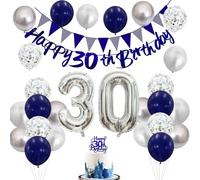 30th Birthday Decorations for Men, Navy Blue Silver 30th Birthday Balloons with Blue Happy 30th Birthday Banner 30 Birthday Cake Topper Decor Number 30 Balloon for Women Birthday 30th Party Decoration