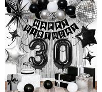 30th Birthday Decorations for Men Women, Black Silver Happy Birthday Party Decorations， 30 Year Old Party Supplies with Number 30 Balloons, Banner, Fringe Curtains Kit
