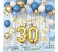 30th Birthday Decorations for Men Women, Dusty Blue Cream White Gold 30 Balloons With Happy 30th Birthday Bunting Banner & Cake Topper Number 30 Foil Balloon for Him Her Thirty Year Old Party Decor