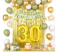 30th Birthday Decorations for Men Women, sage green Happy Birthday Party Decorations With gold Number 30 Balloons Gold Confetti Balloons Fringe Curtain Cake Topper For 30th Party Supplies