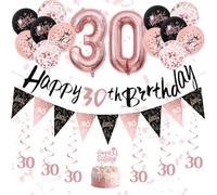 30th Birthday Decorations for Women - Black Rose Gold 30th Birthday Banners, Balloons, Bunting, Hanging Swirls Streamers and Cake Toppers for Girl Women Adults Happy Party Decoration