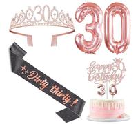 30th Birthday Decorations for Women Black Rose Gold with Glittery Black Dirty 30 Birthday Sash and 30 Tiara, Rose Gold 30th Birthday Candles, Cake Topper and Number 30th Birthday Balloons