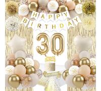 30th Birthday Decorations for Women, Boho Sand White Gold Balloons, 30th Party Decorations, Happy Birthday Banner, Golden Fringe Curtain Tablecloth Sash Paper Pom Poms for Women Party Supplies