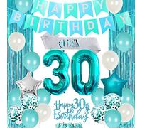 30th Birthday Decorations for Women Girls Teal - Queen Sash, Happy Banner, Cake Topper, Number 30 Foil Balloon, Foil Curtain for Turquoise Thirtieth Party Supplies