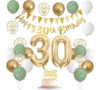 30th Birthday Decorations for Women Men - Happy Banner With Foil Balloon, Sage Green White Gold Balloons for Party Decoration