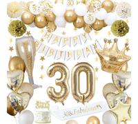 30th Birthday Decorations, Gold 30th Birthday Decorations for Men Women Gold White Balloons HAPPY BIRTHDAY Banner Number 30 Balloons Crown Star Heart Balloon Cake Topper