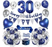 30th Birthday Decorations Men,Royal Blue Silver 30 Birthday Balloons with Happy 30th Birthday Banner, Number 30 Foil Balloons, Birthday Sash, Cake Topper,30th Birthday Party Decorations Set for Him