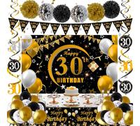 30th Birthday Decorations Men Women, 30th Birthday Banner Bday Decorations for Him, Black and Gold Happy 30 Bday Party Decoration Backdrop Balloons Banners Tablecover, 30 Year Old Bday Gifts for Men