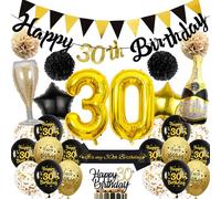 30th Birthday Decorations Men Women - Happy 30th Birthday Banner with Paper Pompoms Confetti Latex Balloons, Black Gold Star Foil Balloon Sash Cake Topper for 30 Years Old Party Decor
