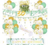 30th Birthday Decorations Sage Green Party Balloons, 30th Birthday Banners Balloons with Bunting Flags Cake Topper Sash, Green Gold Party Decoration for Men Women 30 Year Old