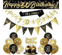 30th Birthday Decorations Set, 18Pcs Black Gold Balloons kit with Banners, Cake Topper, Triangle Flags, Black Gold and Sequin Balloons, Sash for Men Women 30th Birthday Party Decoration Supplies