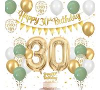 30th Birthday Decorations Set, 30Birthday Balloons with Sage Green, White and Gold Balloons, Happy Birthday Banner and Cake Topper, 30 Balloon, for 30 Years Old Party Decorations for Men Women
