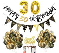 30th Birthday Decorations Set for Men - Black Gold Confetti Balloons, Happy Birthday Banner, Foil Balloon, Ribbon, Cake Topper - 24Pcs Party Supplies for Her Him Women