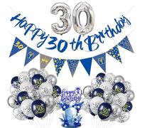 30th Birthday Decorations Set for Men - Navy Blue Silver Confetti Balloons, Happy Birthday Banner, Foil Balloon, Ribbon, Cake Topper - 24Pcs Party Supplies for Her Him Women