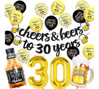 30th Birthday Decorations Set, Men Women 30th Birthday Decorations Black Gold Cheers Beers Banner Birthday Party Decorations
