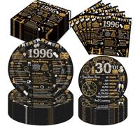 30th Birthday Decorations Tableware, 72 Pcs 1996 Birthday Decorations for Men Women Birthday Party Plates and Napkins Black and Gold Paper Plates Set for Women Men 30 Year Old Party Supplies