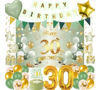 30th Birthday Decorations Women Men - 32 Pcs Sage Green Gold Banner Pennant Backdrop Hanging Swirls Number Balloons Cake Topper Table Decor For Her Him 30 Year Old Party Supplies