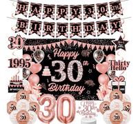 30th Birthday Decorations Women Set - 36 Pcs Black Rose Gold Banner Backdrop Swirls Latex Foil Balloons Cake Toppers Table Decor For Her 30 Years Old Party Kit Supplies