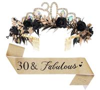 30th Birthday Flower Crown and Sash Set - Black Gold Rose Floral Crystal Headband with Fabulous Sash Headdress for Women 30 Years Old Happy Birthday Party Accessories Gift Supplies
