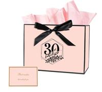 30th Birthday Gift Bag, 30th Birthday Gifts for Women, Medium Bow Gifts Bag with Wrapping Paper and Card, Birthdays Supplies for Women Celebration Gift Bags (Pink)