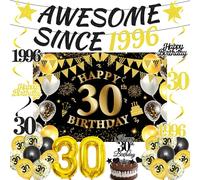 30th Birthday Gift Decorations Men - 31 Pcs Black Gold Awesome Since 1996 Banner Happy 30th Birthday Background Banner Balloons Hanging Swirls for Thirty Year Old Party Supplies Decor