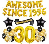 30th Birthday Gift Decorations Men - 41 Pcs Black Gold Awesome Since 1996 Banner Star Gold 30 Aluminum Foil Letters Balloons Latex Balloons Satin for Thirty Year Old Party Supplies Decor