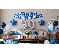 30th Birthday Party Decoration Blue Silver for Men, Happy Birthday Banner Number 30 Star Foil Balloons Latex Confetti Balloons for Men Him Boyfriends Husband 30 Years Old (30th)