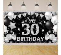 30th Birthday Party Decorations,Happy 30th Birthday Backdrop Banner,30th Black Silver Sign Poster for Men and Women 30th Birthday Party