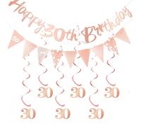 30th Birthday Party Decorations Rose Gold Happy Birthday Bunting Banner Triangle Flag with 6pcs Hanging Swirls Streamers for Girl Women Party Decor Supplies