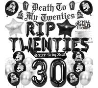 30th Birthday Party Decorations Set, Rip to My 20s Gothic Themed Party Supplies, Featuring Banner Garland Sash Cake Topper Number Letter Heart Star Black & Silver Balloons