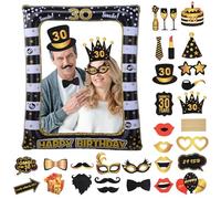 30th Birthday Photo Booth Props, 30 PCS 30th Funny DIY Birthday Party Props and Black Gold Inflatable Selfie Frame, Birthday Party Decorations for Women Men