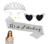 30th Birthday Sash and Crown Set, Silver Birthday Queen Sash with Tiara and Glasses, Birthday Girl Party Accessories for Women, 30th Birthday Decorations and Photo Props