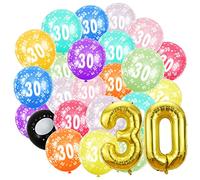30th Birthday Set - Gold Number 30 Balloon and 20pcs 12" Multicoloured Numbers Printed Latex Age Balloons for Women Men Decorations, Anniversary Party Supplies