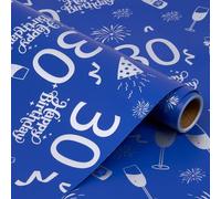 30th Birthday Wrapping Paper Roll, 6M x 43cm Blue Wrapping Paper for Birthday Gift Decorations