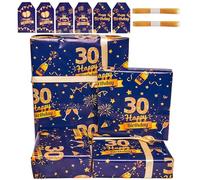 30th Birthday Wrapping Paper Set with Tags Ribbons,6 Sheets 70x50cm Happy Birthday Wrapping Paper,Blue Gold Birthday Gift Wrap Paper for Mem Him,Gift Decorations Recyclable (30th)