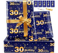 30th Birthday Wrapping Paper Set with Tags Ribbons,Birthday Gift Wrapping Paper for Men Him Happy Birthday Paper Wrapping Present Wrap Luxury Gift Wrap Paper for Birthday Gifts Decorations Blue Gold