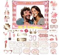 30th Brithday Decoration 30PCS Birthday Photo Booth Props, Inflatable Photo Booth Frame Rose Gold Inflatable Selfie Frame Glitter Birthday Party Photo Props (pink 30th)